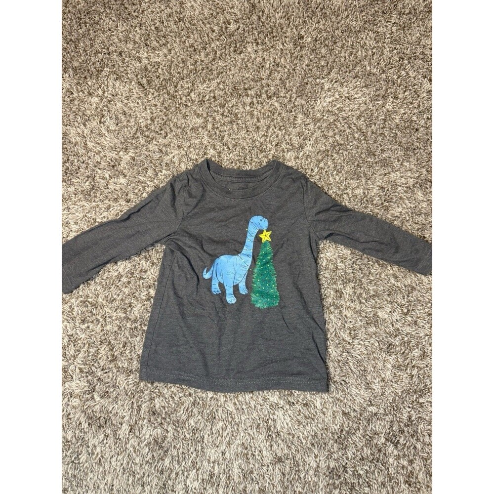 Cat & Jack Toddler Dino Christmas Long Sleeve Shirt Gray 18M